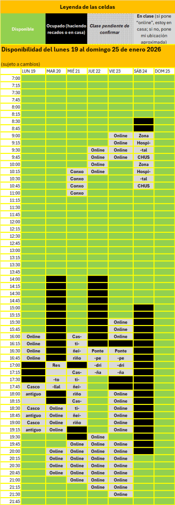Disponibilidad del lunes 19 al domingo 25 de enero 2026 (sujeto a cambios)