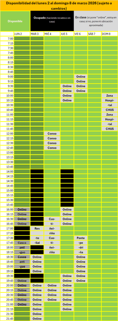 Disponibilidad del lunes 2 al domingo 8 de marzo 2026 (sujeto a cambios)