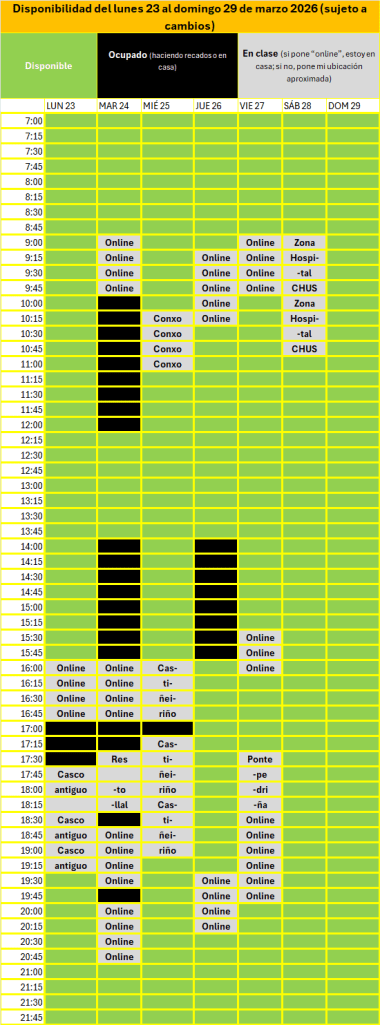 Disponibilidad del lunes 23 al domingo 29 de marzo 2026 (sujeto a cambios)