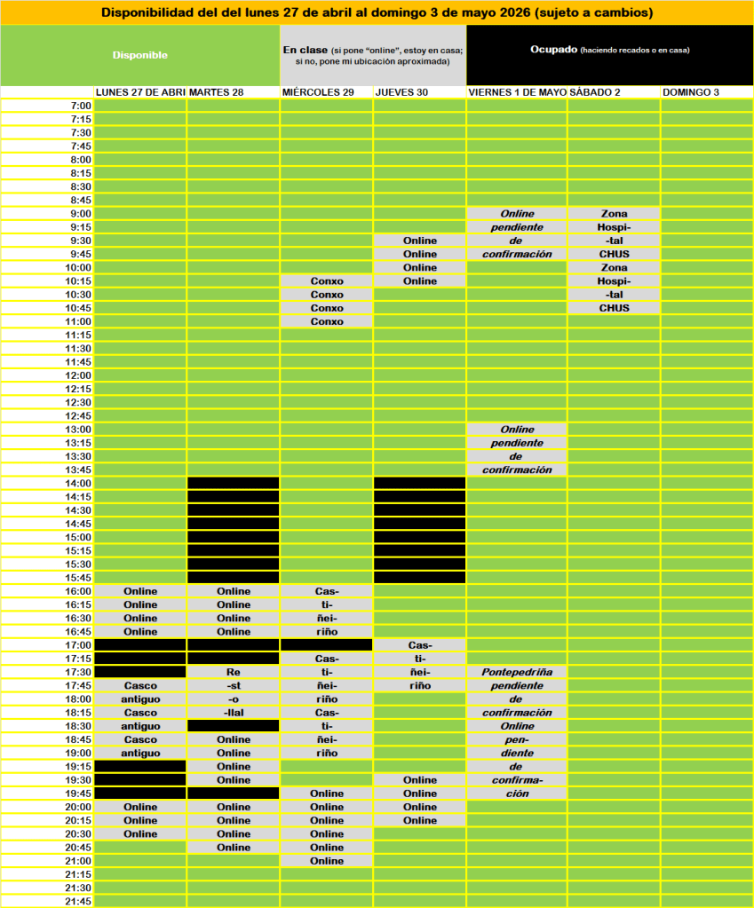 Disponibilidad del del lunes 27 de abril al domingo 3 de mayo 2026 (sujeto a cambios)