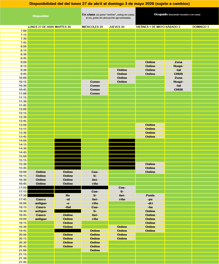 Disponibilidad del del lunes 27 de abril al domingo 3 de mayo 2026 (sujeto a cambios)