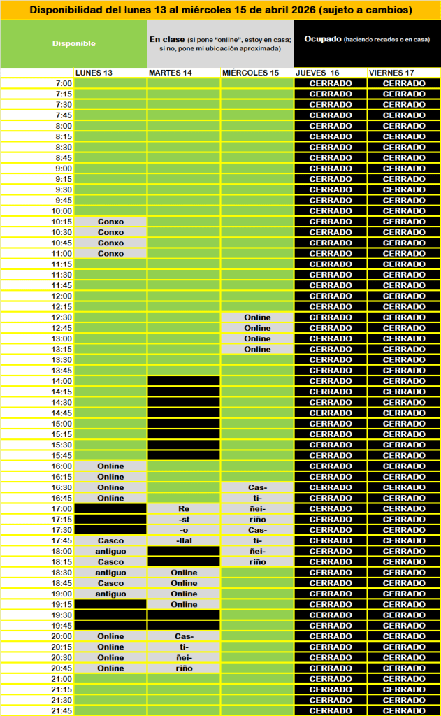 Disponibilidad del lunes 13 al miércoles 15 de abril 2026 (sujeto a cambios)