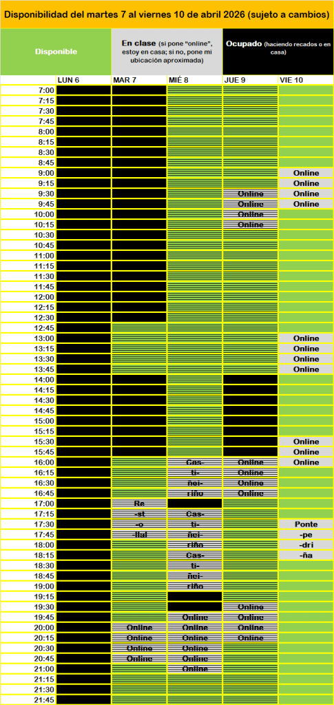 Disponibilidad del martes 7 al viernes 10 de abril 2026 (sujeto a cambios)